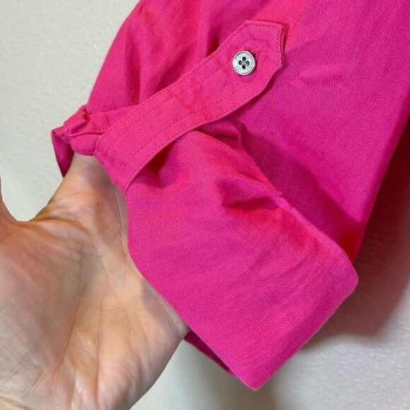 Lauren Ralph Lauren Roll-Tab-Sleeve 100% Linen Bright Pink Long Sleeve Shirt XL - Picture 2 of 9
